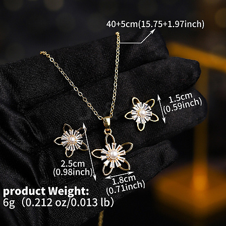 Brass Clear Cubic Zirconia Pendant Necklace & Stud Earrings Sets for Women FS-WGA251C-07-1