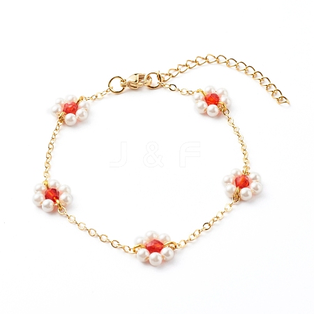Shell Pearl & Acrylic Beads Flower Link Bracelets BJEW-TA00003-01-1