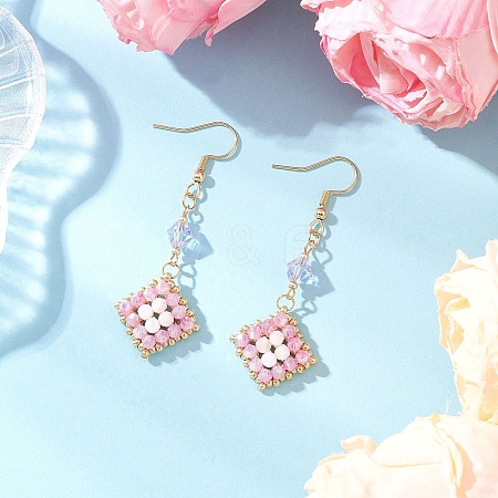 304 Stainless Steel Handmade Glass Seed Beads Rhombus Dangle Earrings EJEW-MZ00517-01-1