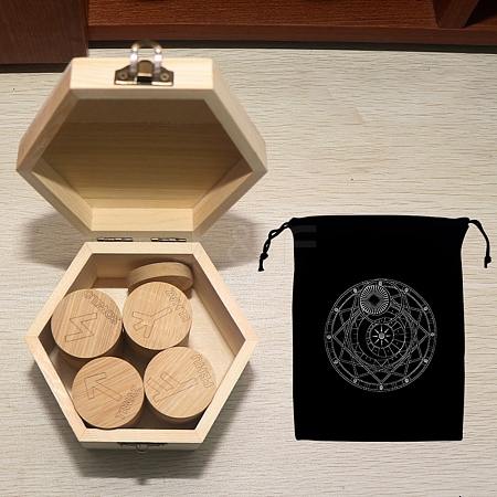 Wood Round Elder Futhark Alphabet Engraved Symbol Rune Stones Sets PW-WG106ED-10-1