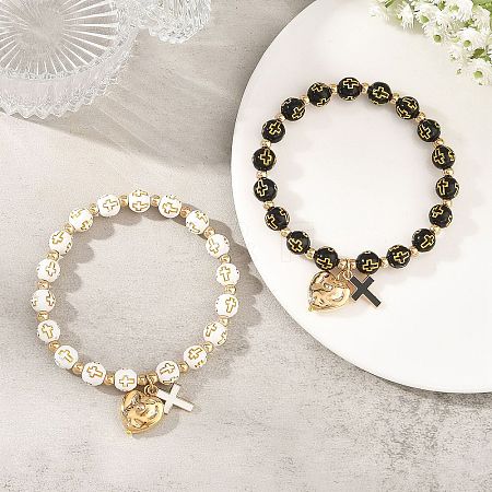 2Pcs 2 Colors Acrylic Beads & Alloy Enamel Cross & CCB Plastic Heart Stretch Charm Bracelet Sets for Women BJEW-JB14200-1