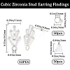 6 Pairs Leaf Shape Brass Cubic Zirconia Stud Earring Findings KK-CN0003-20P-2