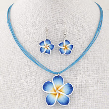 Flower Polymer Clay with Wax Cord Pendant Necklaces & Dangle Earrings Sets FS-WG2CAA9-02