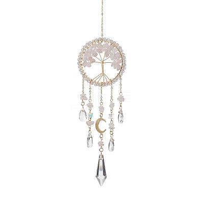 Natural Rose Quartz Copper Wire Wrapped Tree of Life Hanging Ornaments HJEW-TA00110-1