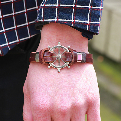 Helm Alloy Leather Cord Link Bracelets BJEW-P0001-13-1