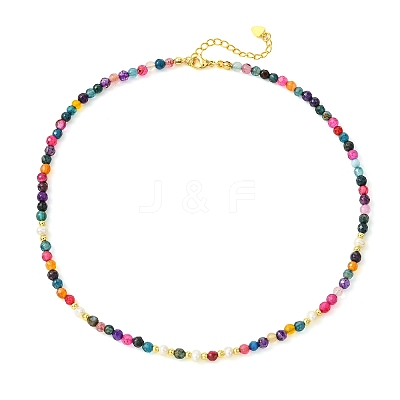 Faceted Round Natural Agate(Dyed & Heated) & Pearl & Brass Beaded Necklaces for Women NJEW-JN06617-1