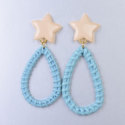 Handmade Spray Painted Reed Cane/Rattan Woven Dangle Stud Earrings EJEW-JE03083-1