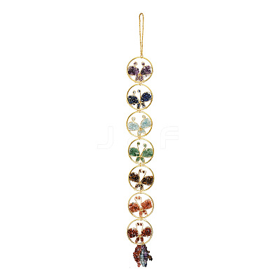 Ring with Butterfly Brass & Chakra Natural Gemstone Chips Pendant Decorations HJEW-Z007-02G-1