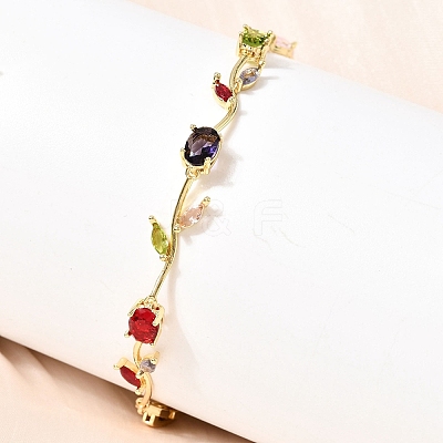 Leaf Brass Micro Pave Cubic Zirconia Link Chain Bracelets for Women BJEW-D455-01G-07-1
