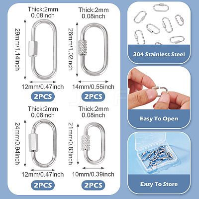 8Pcs 4 Styles 304 Stainless Steel Screw Carabiner Lock Charms STAS-TA0005-54-1