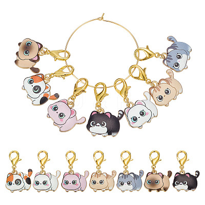 14Pcs 7 Styles Cat Alloy Enamel Pendant Locking Stitch Markers HJEW-HY00107-1