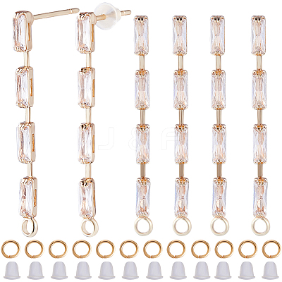 6Pcs Brass Pave Clear Cubic Zirconia Rectangle Tassel Stud Earring Findings DIY-CN0002-77-1