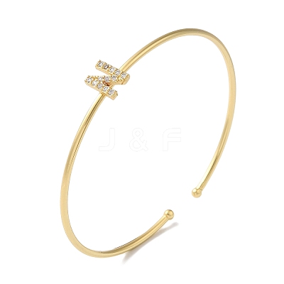 Rack Plating Brass Micro Pave Clear Cubic Zirconia Letter Open Cuff Bangles BJEW-A018-01G-N-1