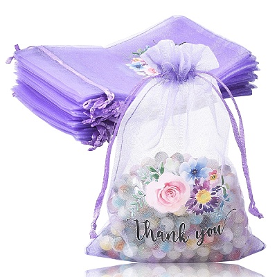 20Pcs Thank You Flower Printed Organza Drawstring Bags OP-YW0001-04B-1