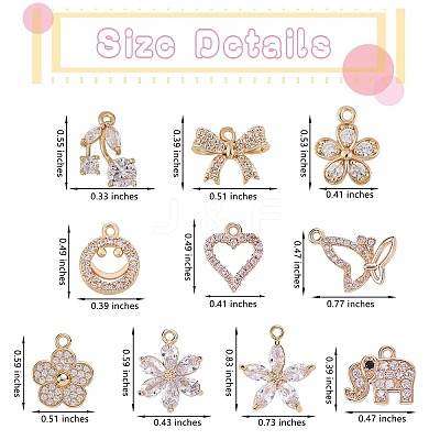 10Pcs 10 Style Rack Plating Brass Cubic Zirconia Charms ZIRC-SZ0002-25-1