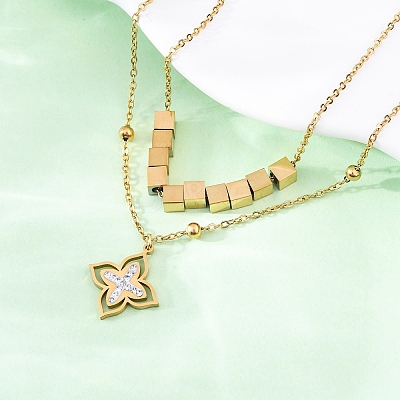 304 Stainless Steel Crystal Rhinestone Flower Pendant Double Layer Necklaces NJEW-R026-07G-1