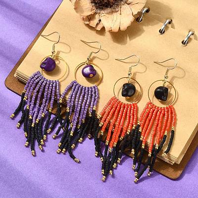 Halloween Glass Seed Tassel Earring for Women EJEW-MZ00798-1