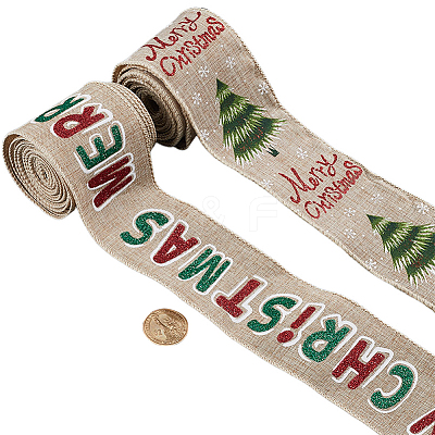 2 Rolls 2 Styles Christmas Printed Linen Ribbon OCOR-GF0002-72-1