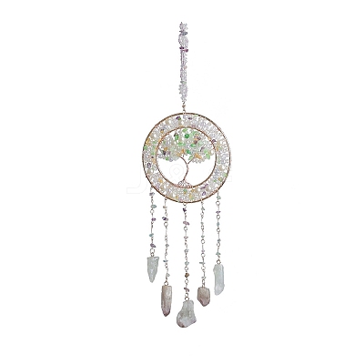 Copper Wire Wrapped Tree of Life Glass & Natural Green Aventurine Suncatchers HJEW-F027-14-1