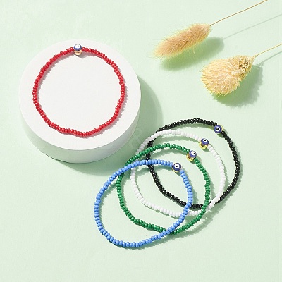 Glass Seed & Alloy Enamel Evil Eye Beaded Stretch Bracelet BJEW-JB09427-1