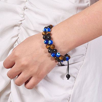 Natural Obsidian & Tiger Eye & Evil Eye Lampwork Braided Bead Bracelet BJEW-SW00001-20-1