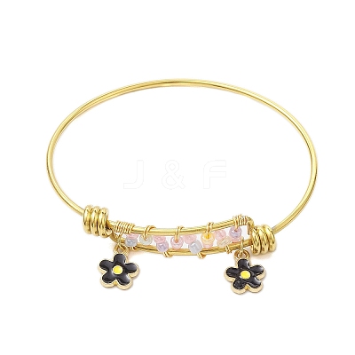 Glass Seed Beads & Stainless Steel Bangles with Black Flower for Women BJEW-JB10411-1