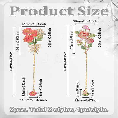 2Pcs 2 Styles Brass & Iron Enamel Flower Bookmarks with Chain AJEW-LP0005-86B-1