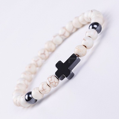 Synthetic Howlite & Synthetic Non-magnetic Hematite Beads Stretch Bracelets for Women Men BO6196-4-1