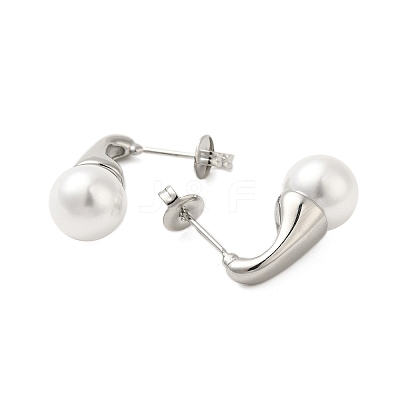 304 Stainless Steel Shell Pearl Round Stud Earrings for Women EJEW-U020-27P-1
