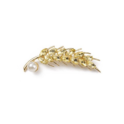 Rhinestone Wheat Brooch Pin with Plastic Pearl Beaded PALLOY-K002-02KCG-01-1