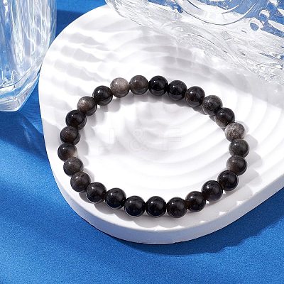 Natural Silver Obsidian Round Beaded Stretch Bracelets BJEW-JB11042-1