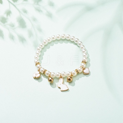 ABS Plastic Imitation Pearl Beaded Stretch Bracelet with Alloy Enamel Charms for Kids BJEW-JB08524-01-1