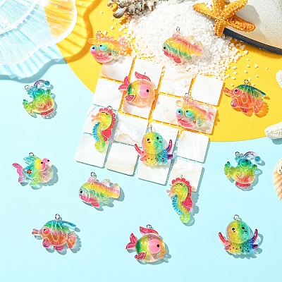 16Pcs 8 Styles Ocean Theme Transparent Resin Pendants RESI-YW0004-97-1