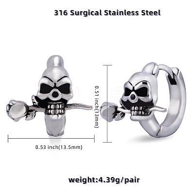 316 Stainless Steel Skull with Rose Hoop Earrings for Men Women EJEW-SZ0001-94-1