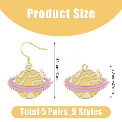 5 Pair 5 Style Golden Plated Alloy Enamel Planet Dangle Earrings with Iron Pins EJEW-AB00045-1