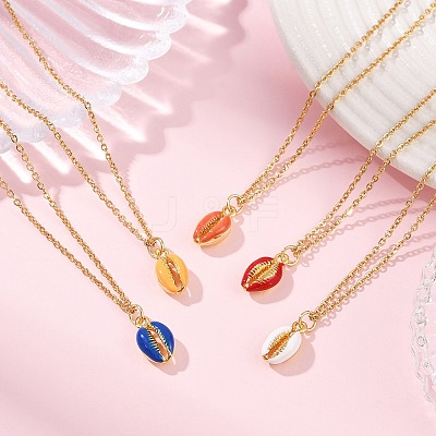 Alloy Enamel Shell Shape Pendant 304 Stainless Steel Cable Chain Necklaces for Women NJEW-JN05421-1