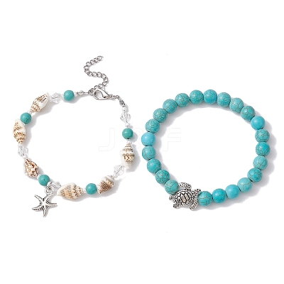2Pcs 2 Style Synthetic Turquoise & Glass & Shell Stretch Bracelets with Tortoise BJEW-JB10091-02-1