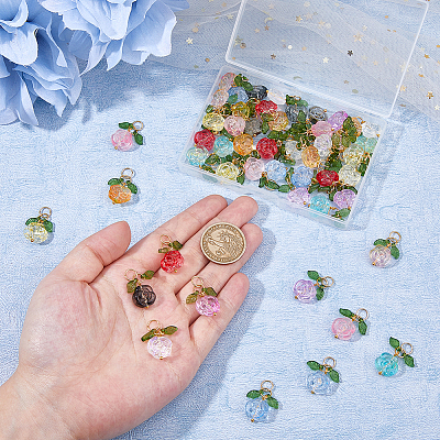 50Pcs 10 Colors Rose Flower Transparent Glass Pendants PALLOY-HS00017-1