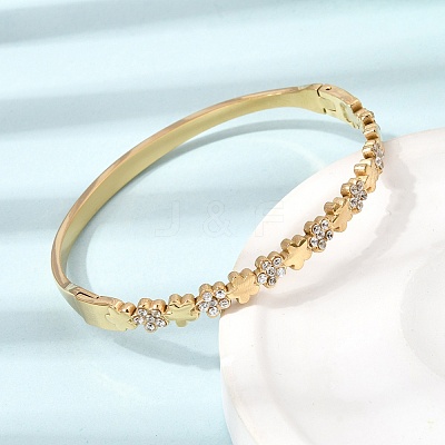 304 Stainless Steel Crystal Rhinestone Flower Hinged Cuff Bangles for Women SA-CBA61B8-12G-1