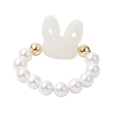 Round Shell Pearl & Brass Beads Stretch Rings RJEW-JR00689-01-1