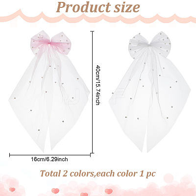 2Pcs 2 Colors Bowknot Long Mesh Tulle Bridal Veils with Hair Barrettes & Imitation Pearl OHAR-GO0001-10-1
