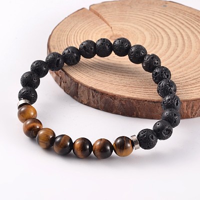 Natural Lava Rock Beaded Stretch Bracelets BJEW-JB02184-03-1