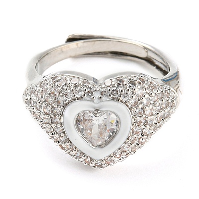 Enamel Heart Adjustable Ring with Clear Cubic Zirconia RJEW-Q781-01P-04-1