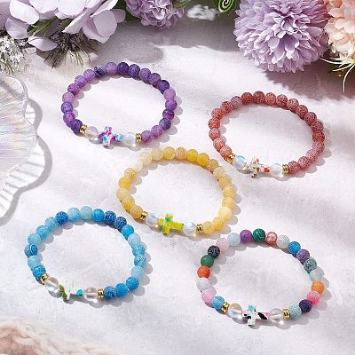 5Pcs Synthetic Moonstone & Frosted Natural Weathered Agate Beads Stretch Bracelets for Women BJEW-JB11333-1