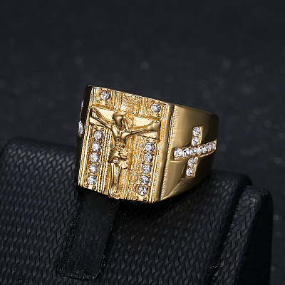 Cross with Jesus Pattern 304 Stainless Steel with Crystal Rhinestone Finger Rings for Men FS-WG78AD7-01-1