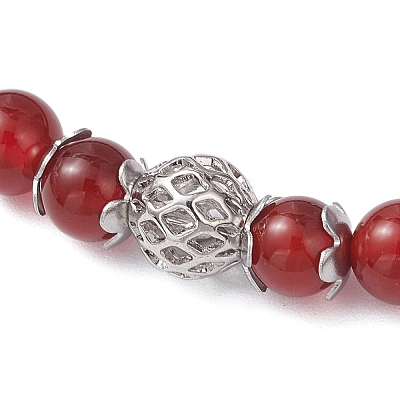 Natural Carnelian(Dyed & Heated) & Brass Round Beaded Stretch Bracelets for Women BJEW-JB12266-02-1