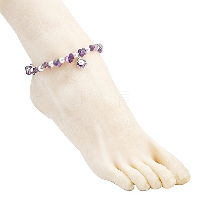 Alloy Enamel Shell Shape Charm White Round Shell Pearl & Natural Amethyst Chip Beaded Anklets AJEW-AN00734-03-1