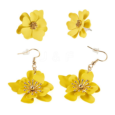 2 Pairs 2 Styles Iron Flower Dangle Earrings and Sweet and Stylish Multi-layer Petal Flower Stud Earrings EJEW-TA0001-80C-1