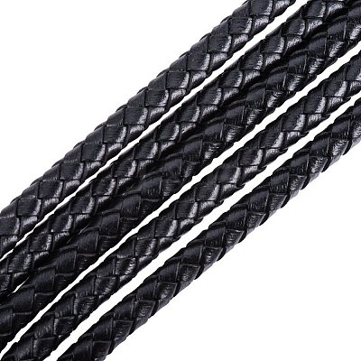 Black 6mm Round Folded Genuine Braided Leather Cords for Necklace Bracelet Jewelry Making WL-PH0001-01-1