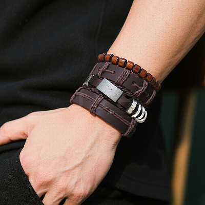 1Pc Cowhide & Imitation Leather Cord Knitted Multi-strand Bracelets AJEW-GF0011-50F-1